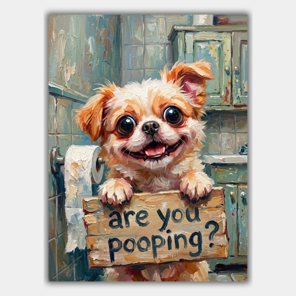 Hund mit Schild im Badezimmer Poster – Produktansicht 1