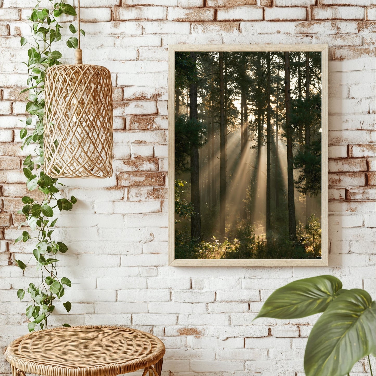 Sonnenstrahlen im Kiefernwald Poster – Raumansicht 1