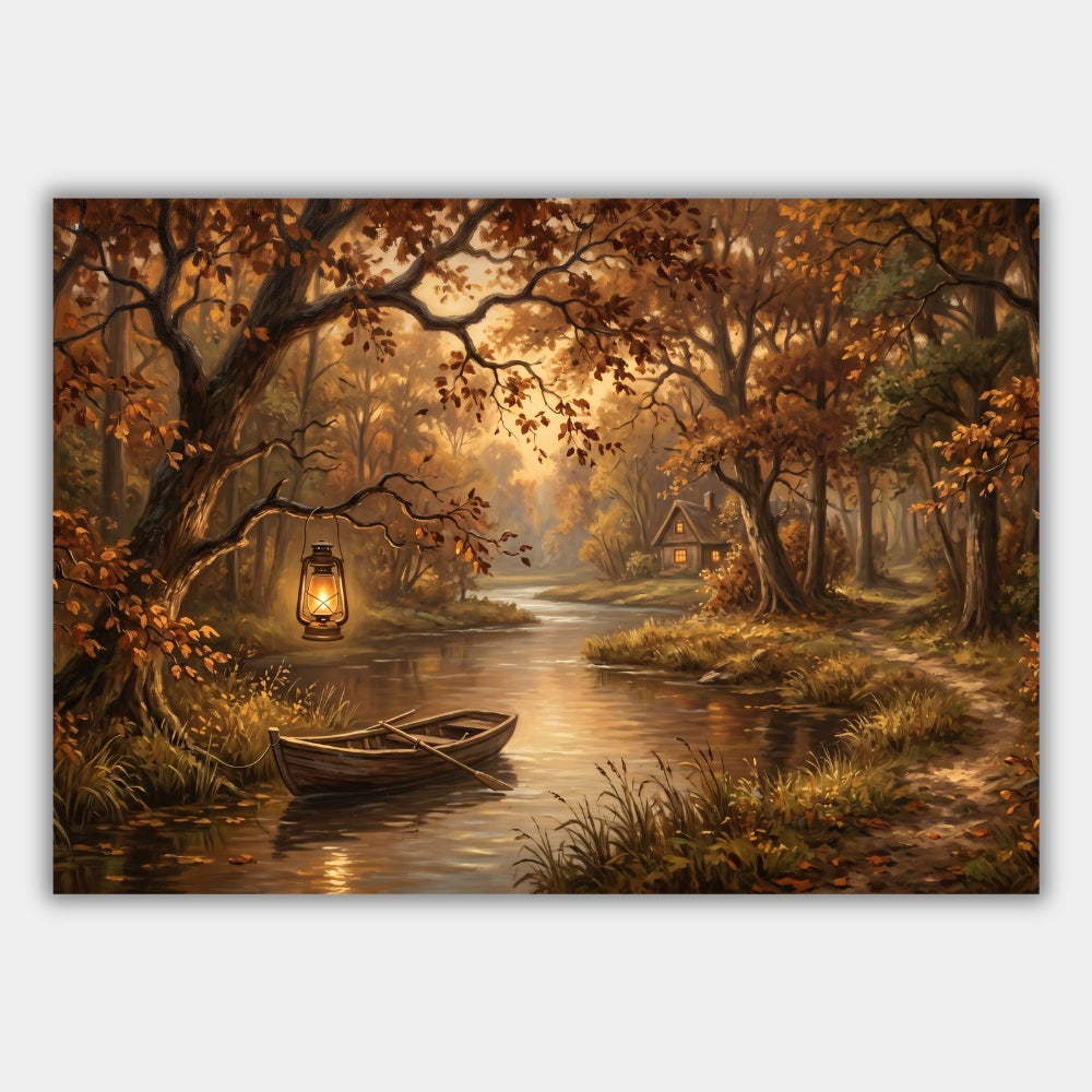 Ruderboot am Herbstfluss Poster – Produktansicht 1