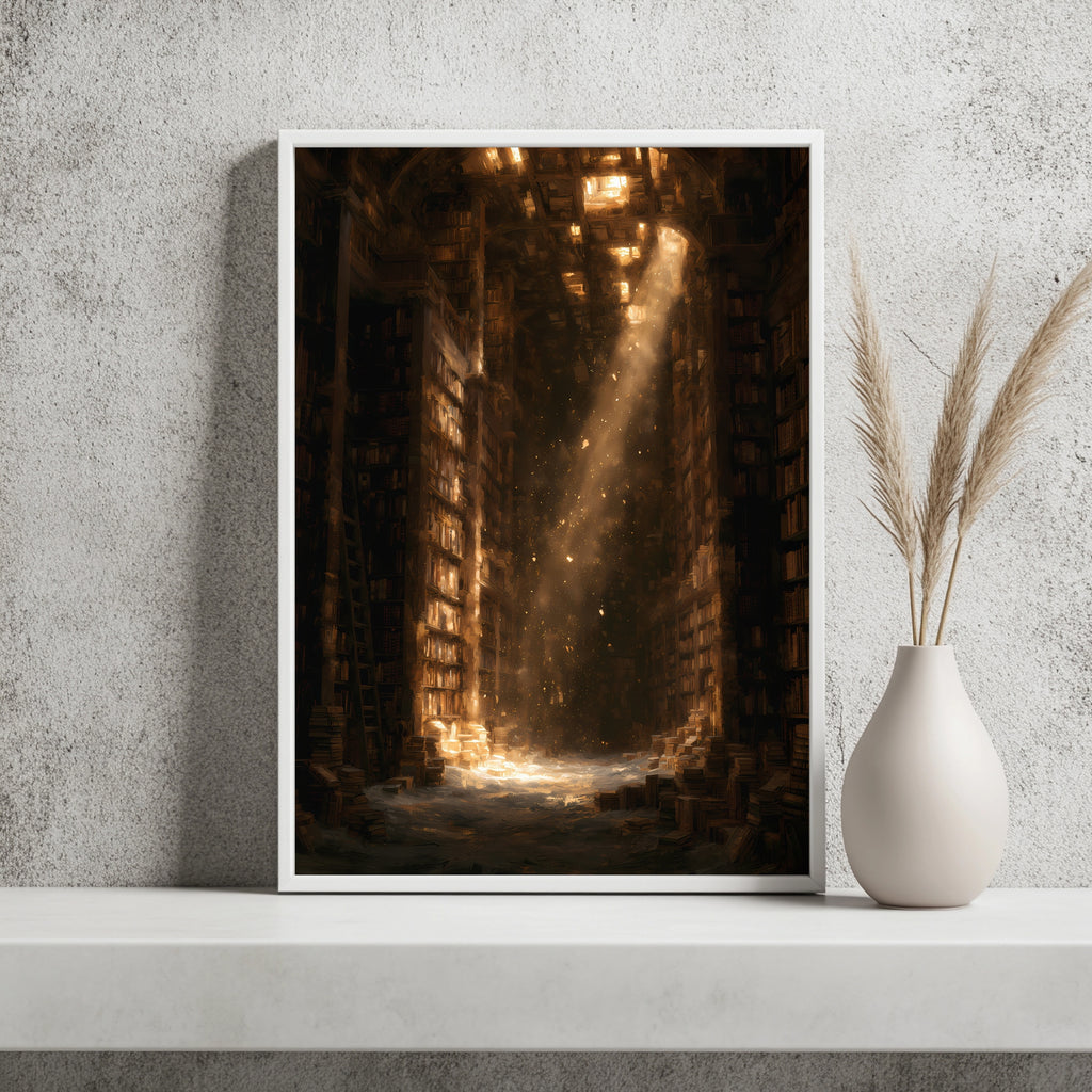 Lichtstrahl in alter Bibliothek Poster – Produktansicht 2