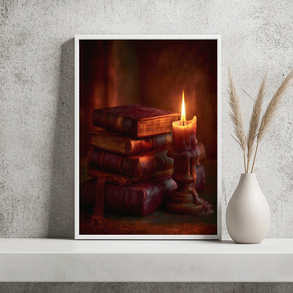 Kerze und alte Lederbücher Poster – Produktansicht 4