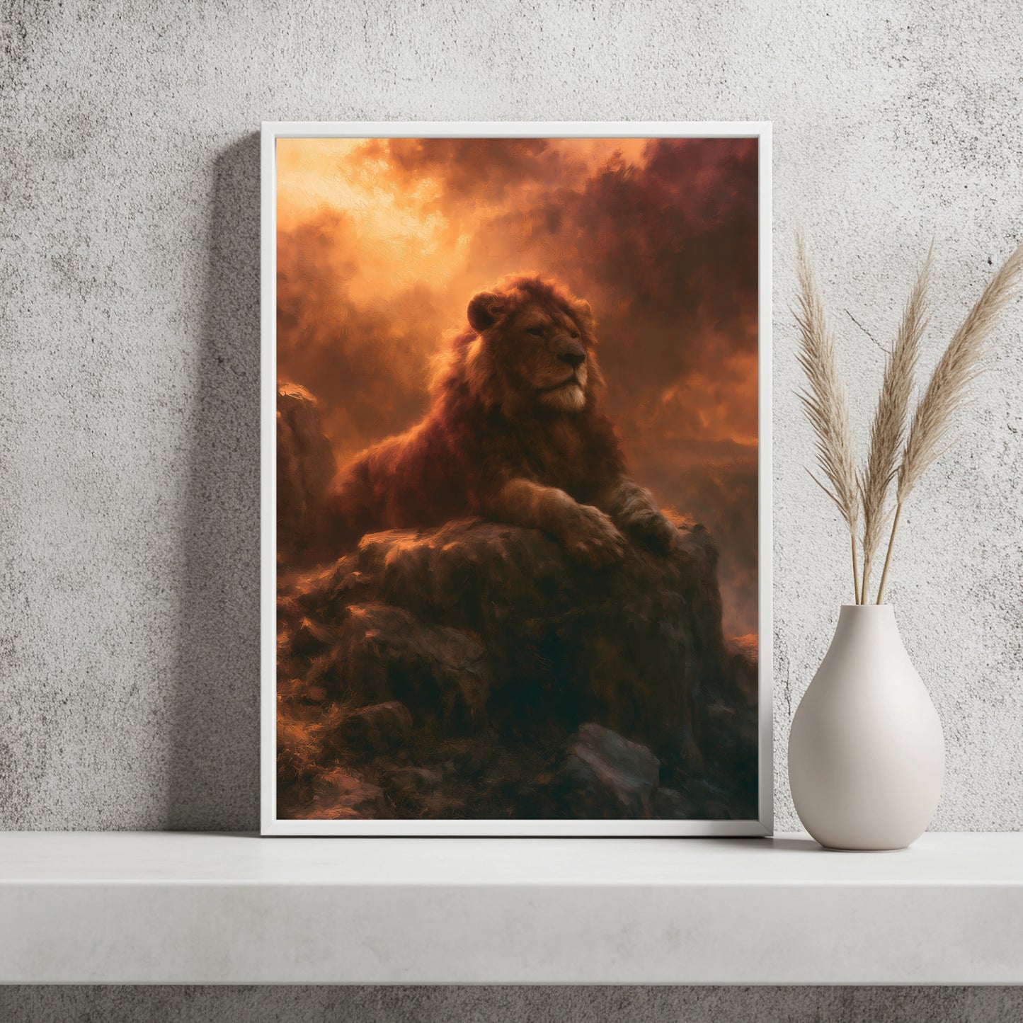 Löwe im Abendlicht auf dem Felsen Poster, Tier Wandkunst