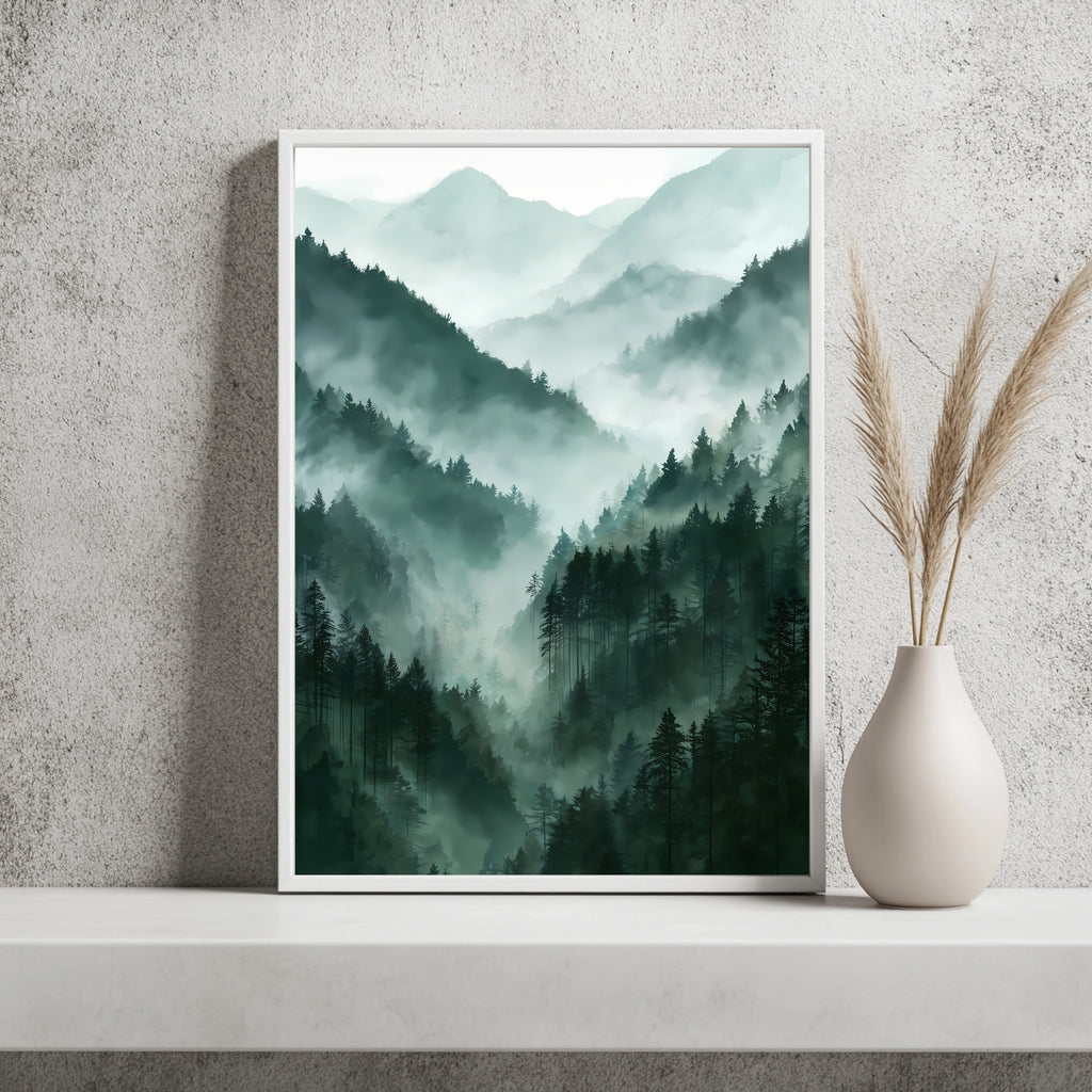 Nebelwald im Bergtal Poster – Produktansicht 2