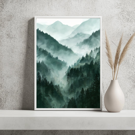 Nebelwald im Bergtal Poster, Landschaft Wandkunst