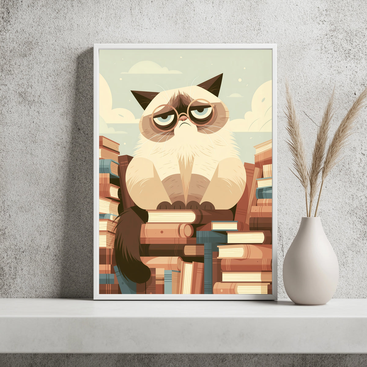 Grantige Katze auf dem Bücherstapel Poster – Produktansicht 2