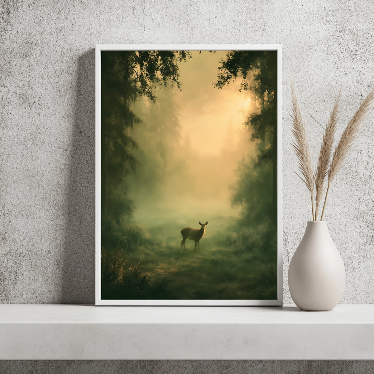 Reh Nebelwald Morgenlicht Poster – Produktansicht 2