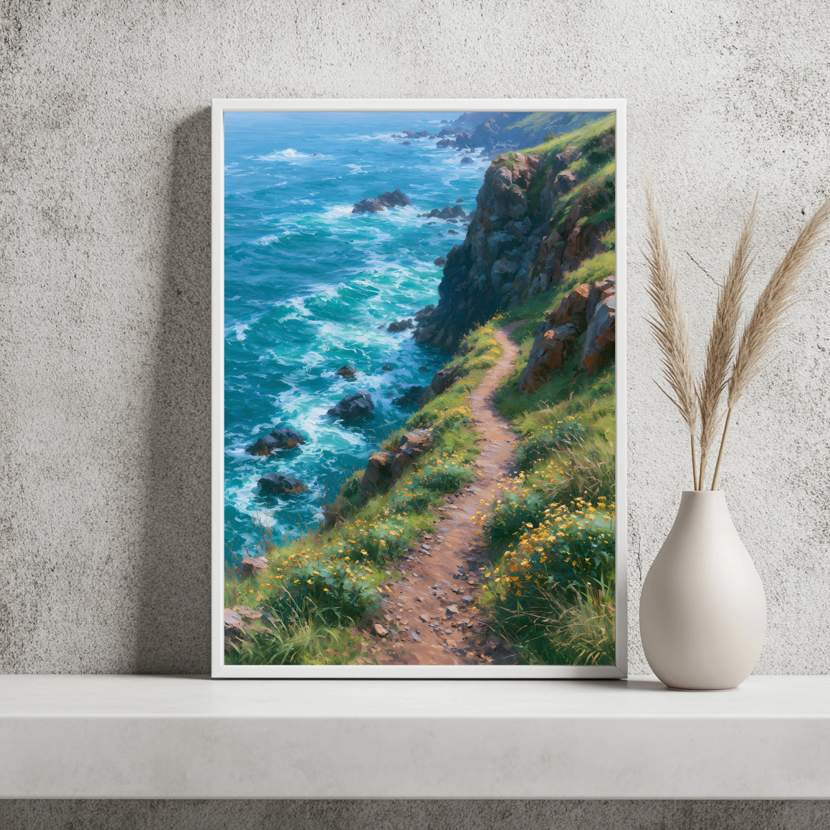 Küstenweg Meer Klippen Wildblumen Poster – Produktansicht 2