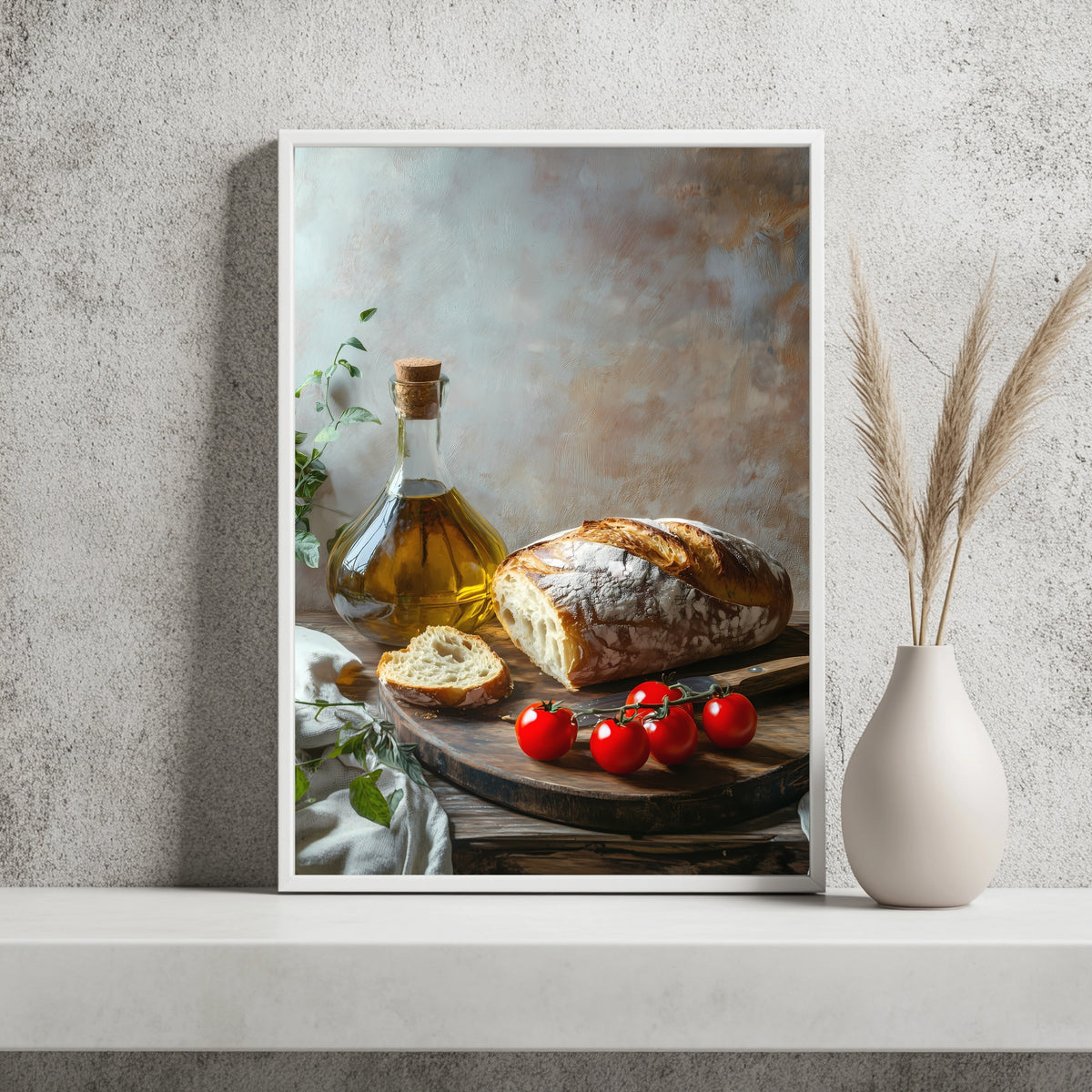 Brot Olivenöl Tomaten Stillleben Poster – Produktansicht 4