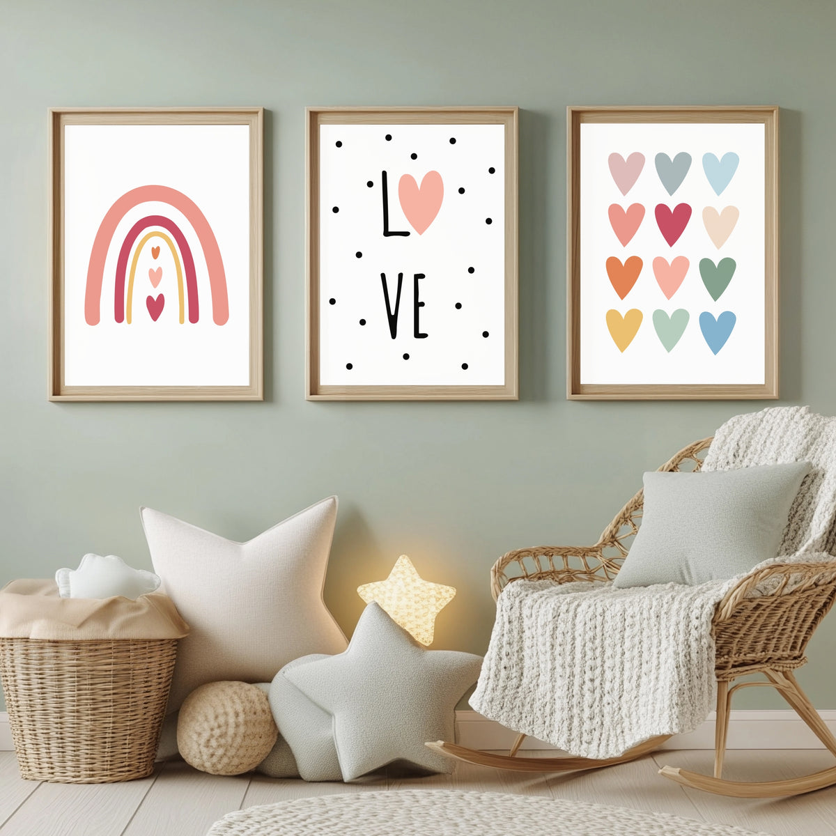 Kinderzimmer Poster Set mit Boho-Regenbogen, LOVE-Schriftzug und bunten Herzen in Pastellfarben über einer Leseecke