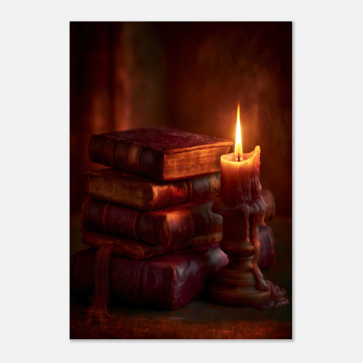 Kerze und alte Lederbücher Poster – Produktansicht 2