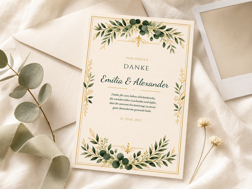 Personalisierte Dankeskarte zur Hochzeit im Greenery-Gold-Design mit Umschlag