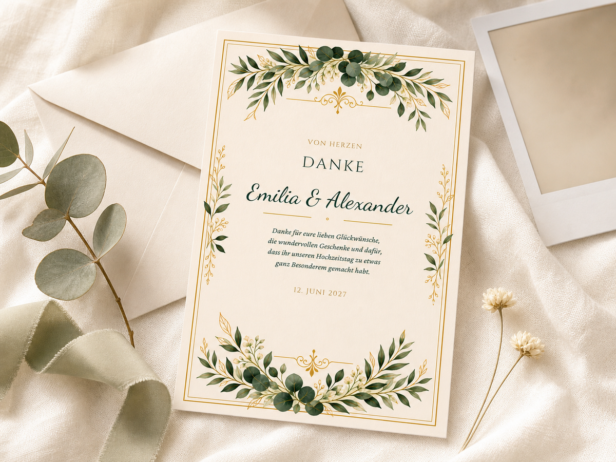 Personalisierte Dankeskarte zur Hochzeit im Greenery-Gold-Design mit Umschlag