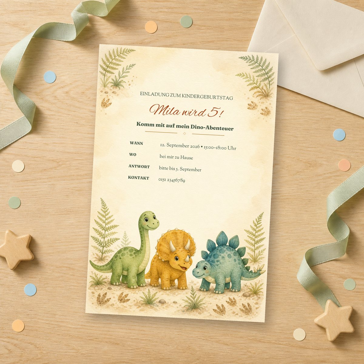 Dino-Einladungskarte zum Kindergeburtstag als Holz-Flatlay