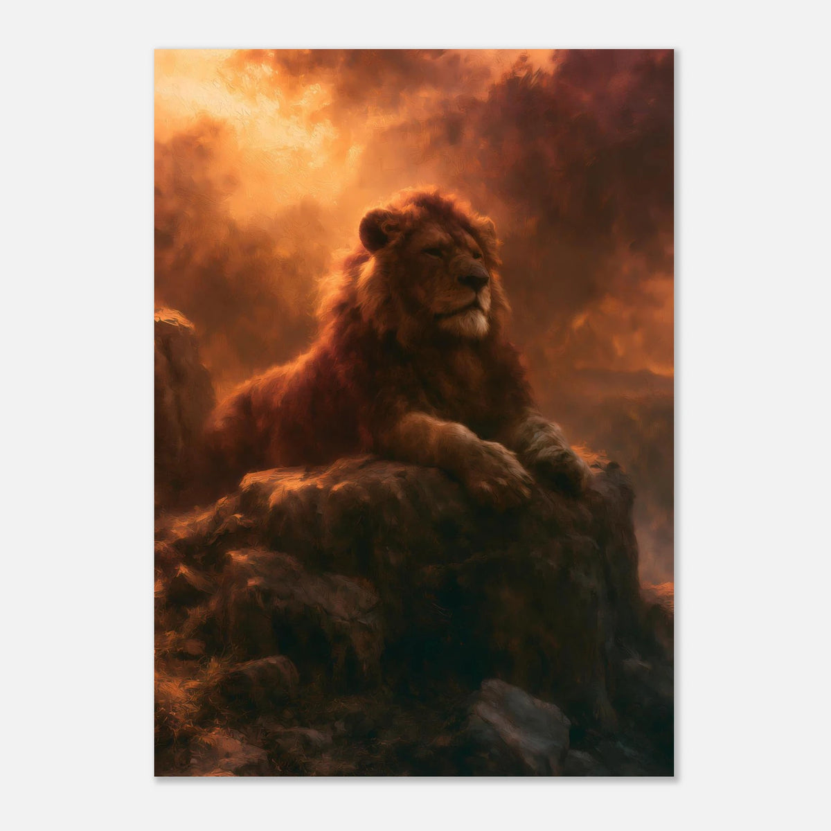 Löwe im Abendlicht auf dem Felsen Poster – Produktansicht 4