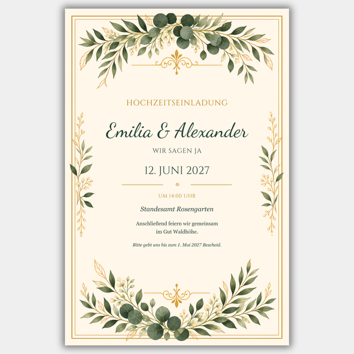 Hochzeitseinladung Greenery Gold – Vorderansicht auf weißem Hintergrund