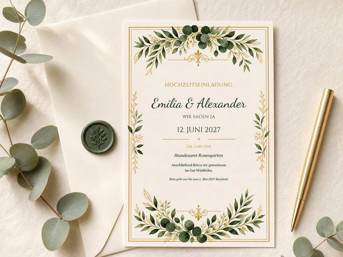 Personalisierte Hochzeitseinladung im Greenery-Gold-Design mit Umschlag