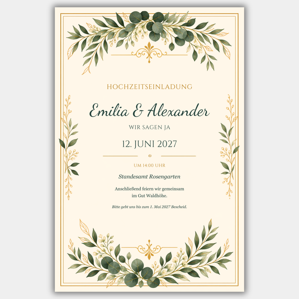 Hochzeitseinladung des Greenery-Sets auf weißem Hintergrund