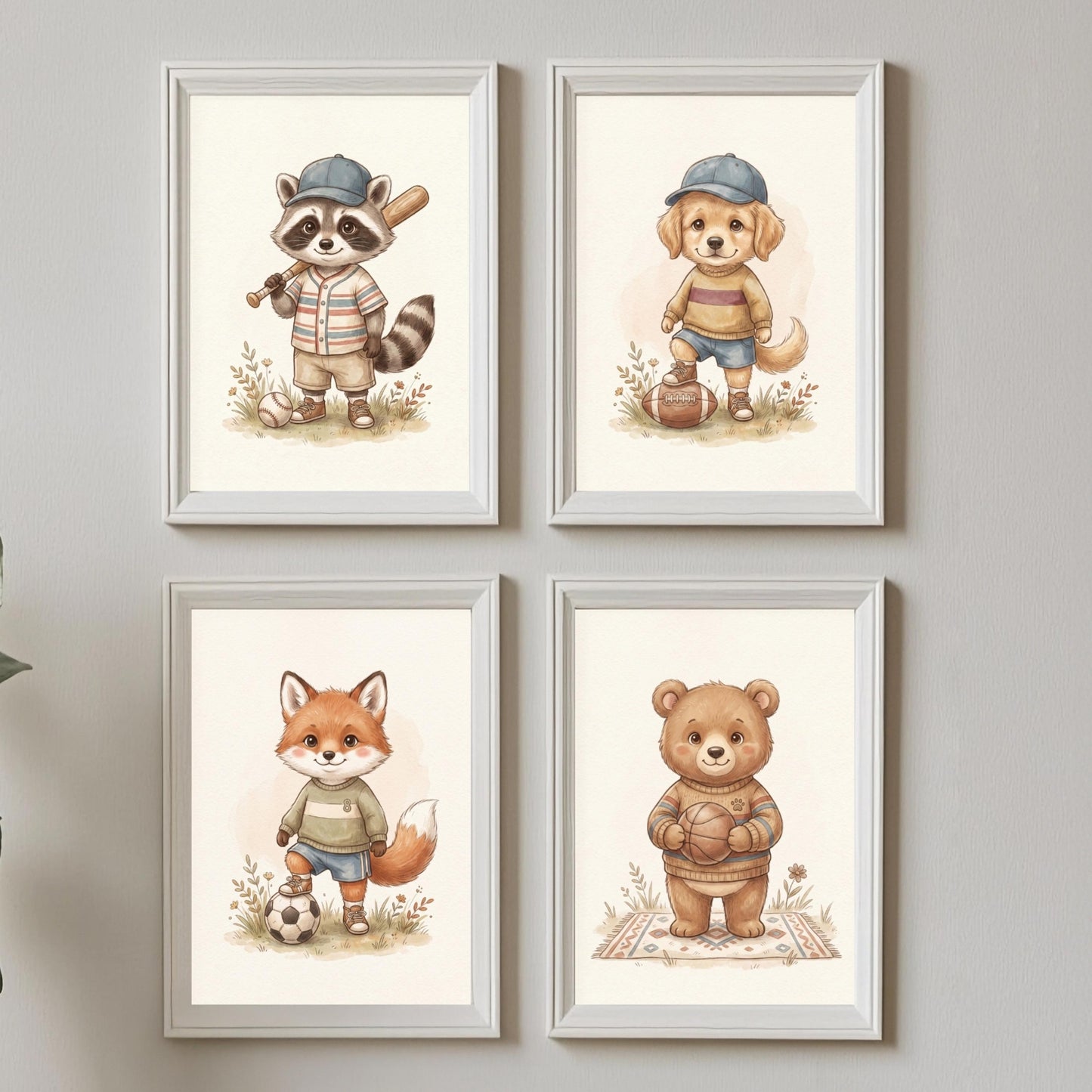 4er Poster Set Kinderzimmer Sport Tiere