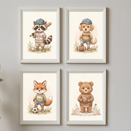 4er Poster Set Kinderzimmer Sport Tiere
