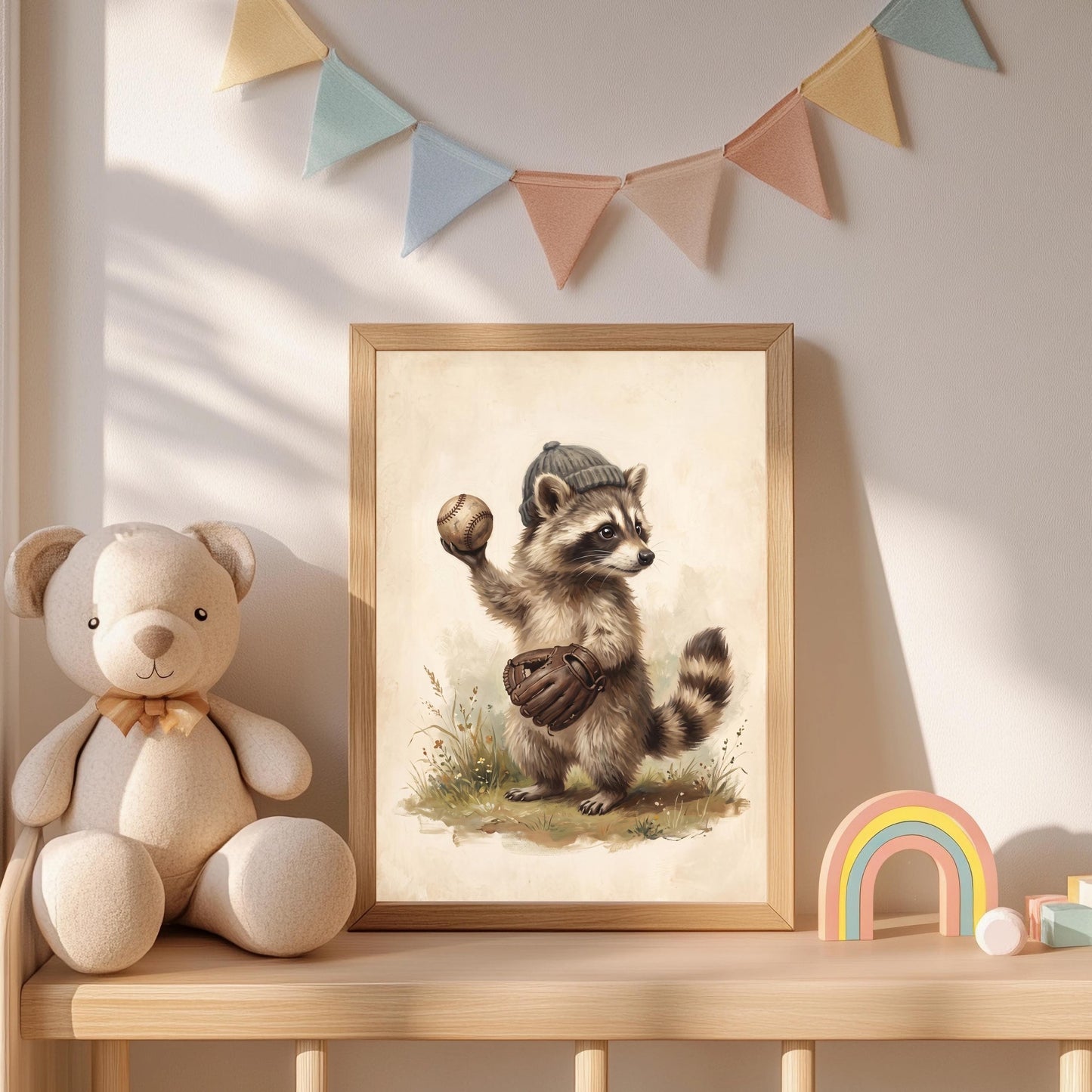 Waschbär Poster Set Kinderzimmer Baseball