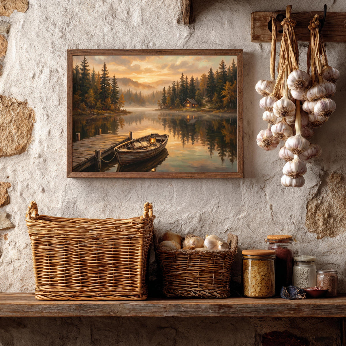 Ruderboot mit Laterne und Buch an einem Waldsee mit beleuchteter Hütte