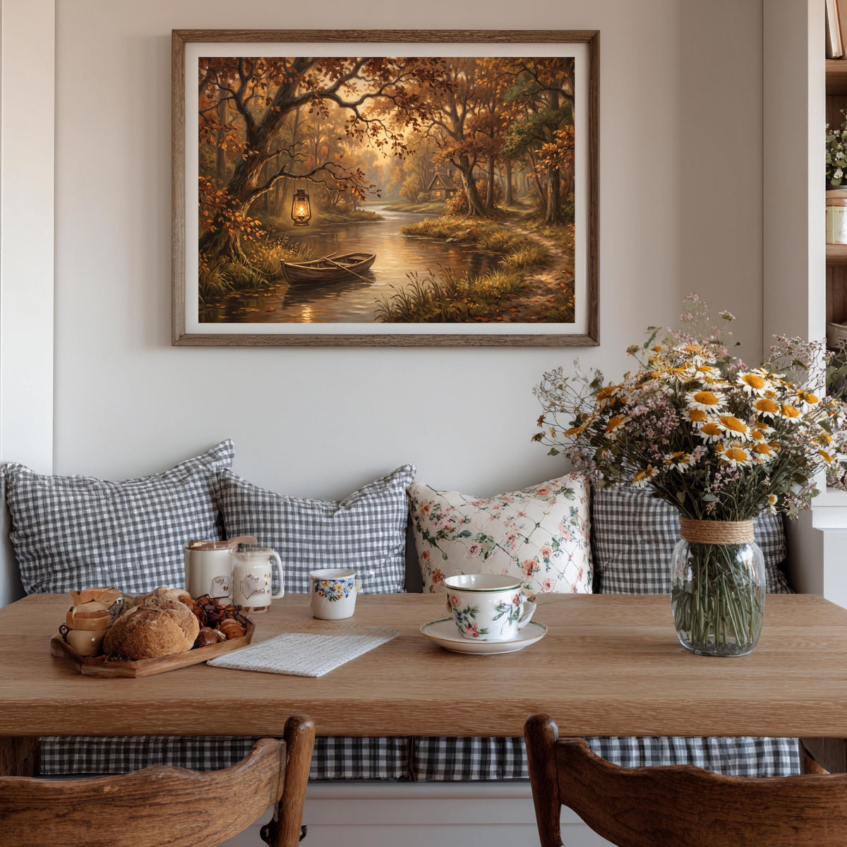 Ruderboot am Herbstfluss Poster – Produktansicht 2