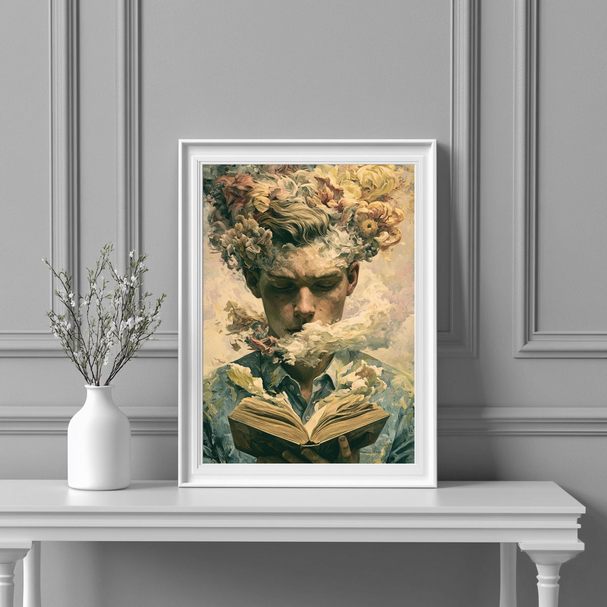 Surreales Porträt Mann mit Buch Poster – Produktansicht 3