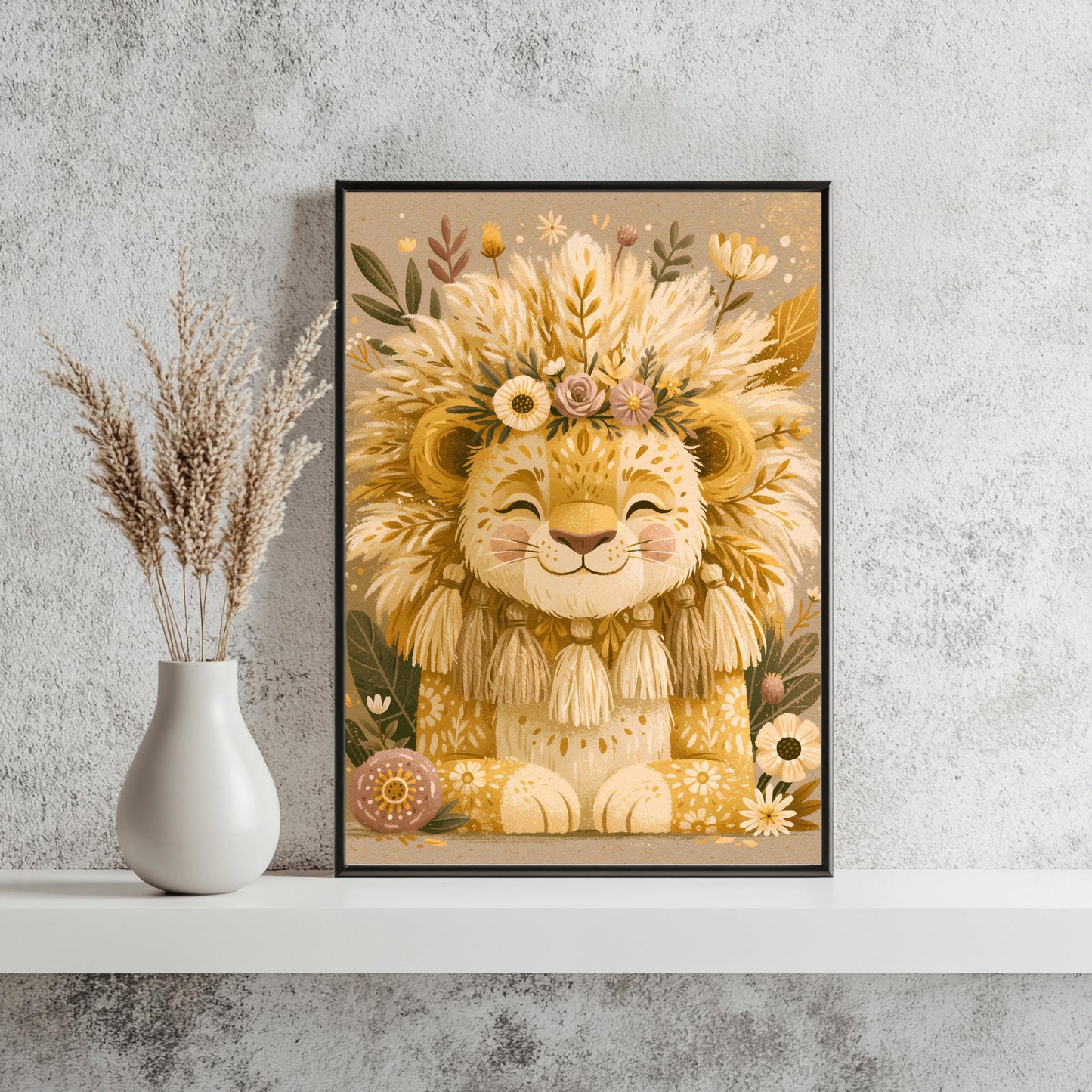 Baby Löwe Blumenkranz Poster Boho