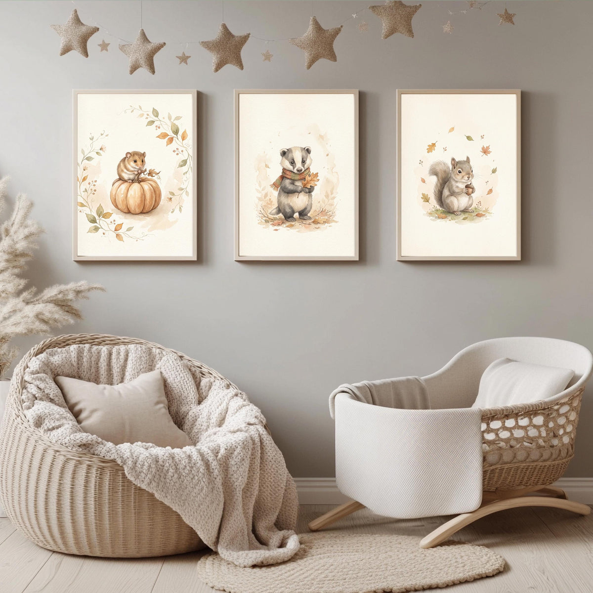 Dachs Maus und Eichhörnchen als herbstliches Waldtiere Poster Set