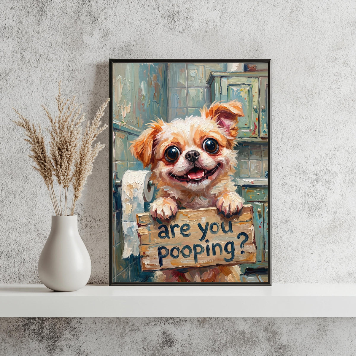 Hund mit Schild im Badezimmer Poster – Produktansicht 3