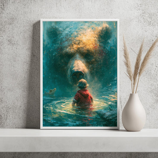 Junge und Bär Poster Surreal Ölgemälde