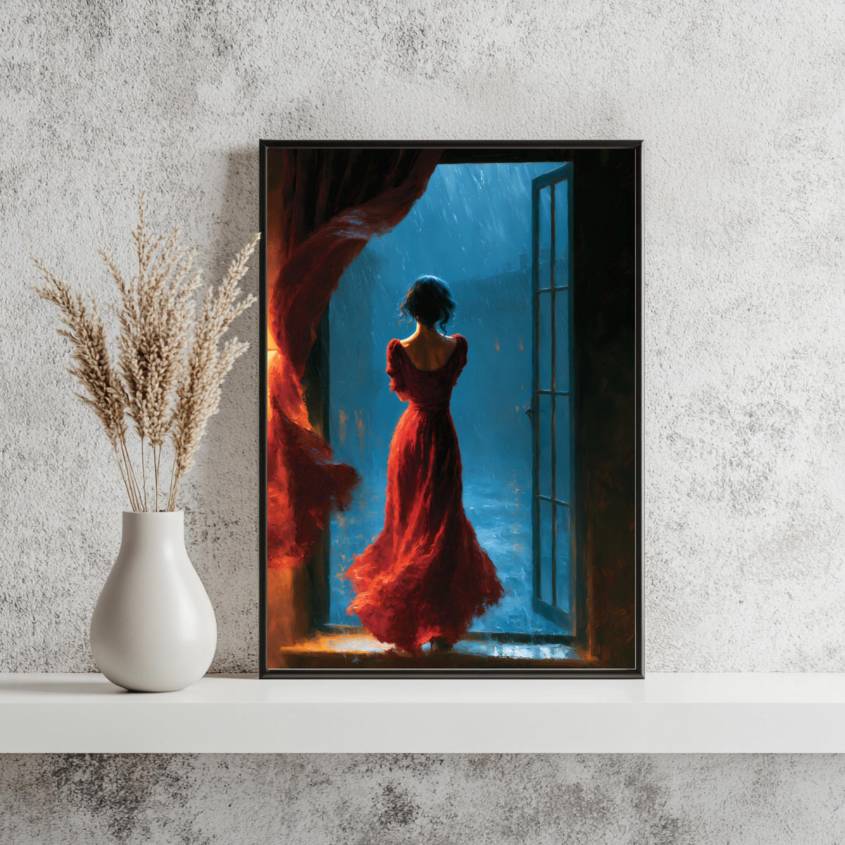 Frau Rotes Kleid Regen Nacht Poster – Produktansicht 3