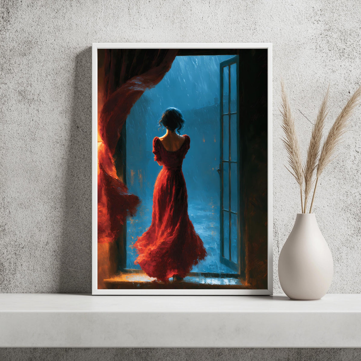 Frau Rotes Kleid Regen Nacht Poster – Produktansicht 2