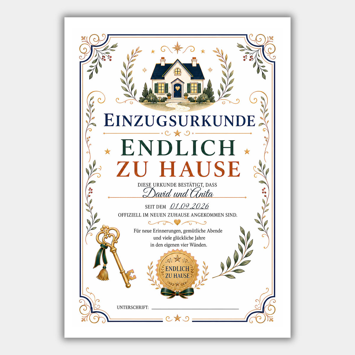 Personalisierte Einzugsurkunde „Endlich zu Hause“