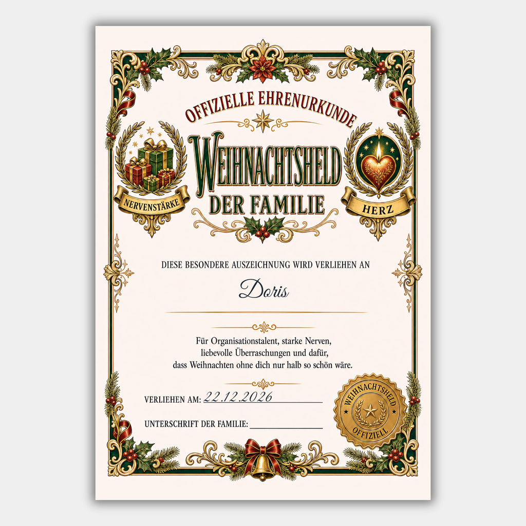 Weihnachtsheld der Familie – personalisierte Ehrenurkunde