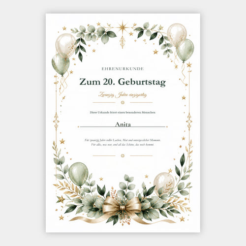 20. Geburtstag – personalisierte Urkunde