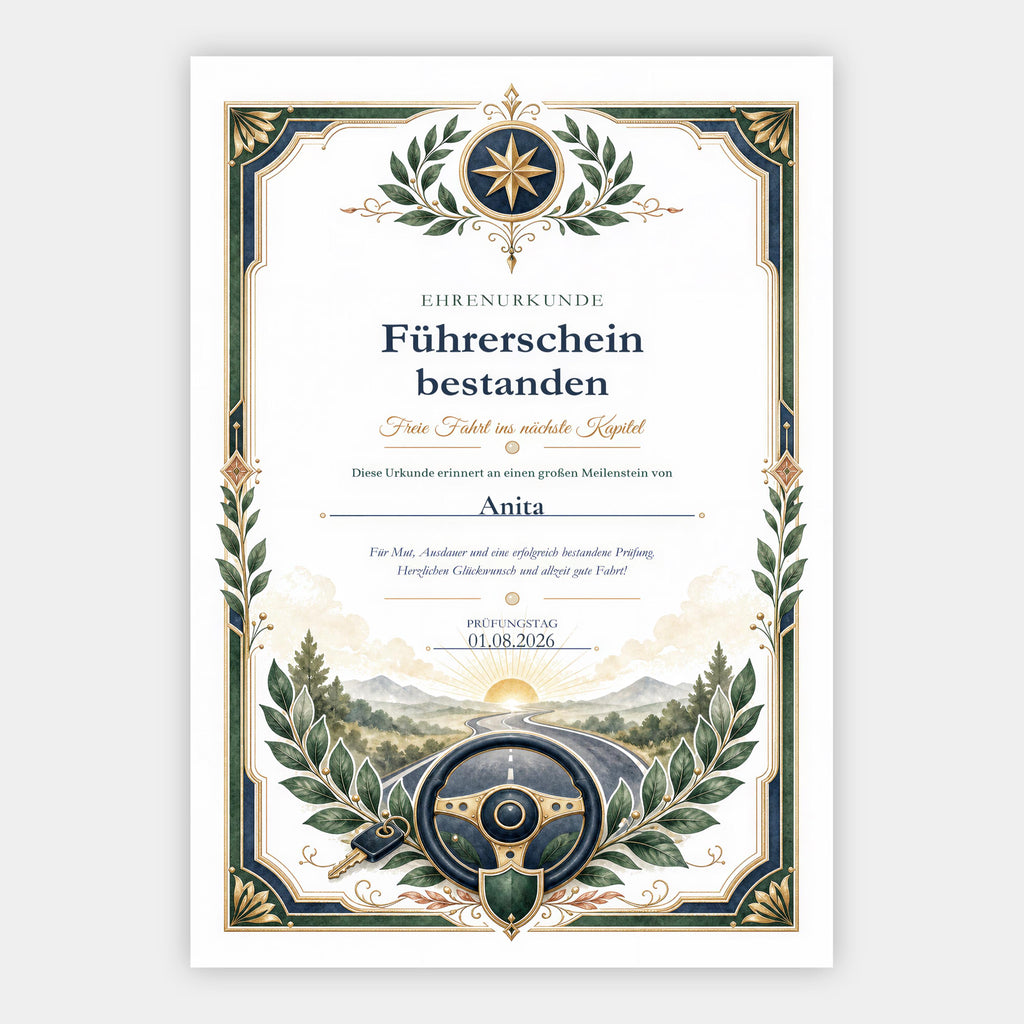 Führerschein bestanden – personalisierte Urkunde