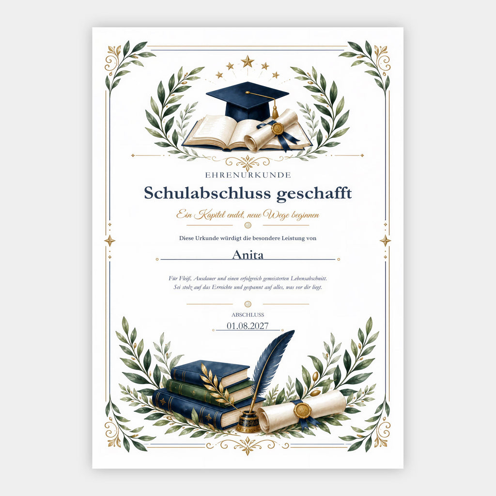 Schulabschluss geschafft – personalisierte Urkunde
