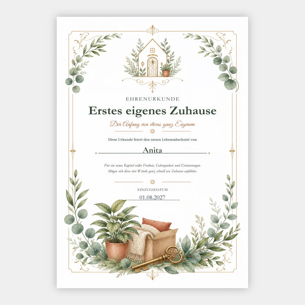 Erstes eigenes Zuhause – personalisierte Urkunde