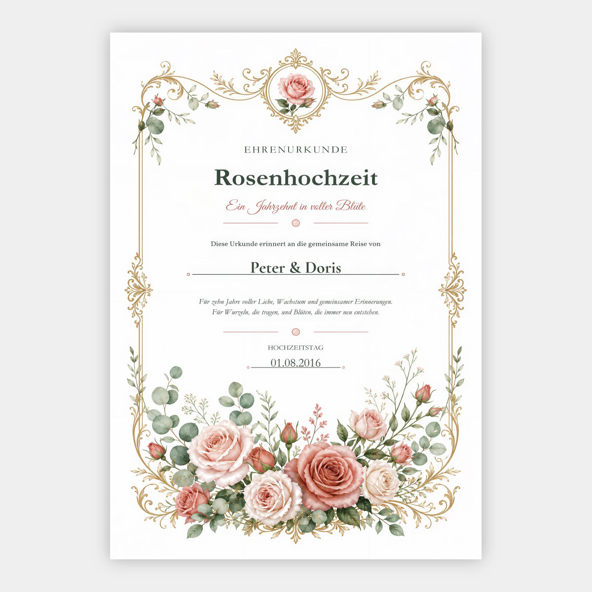 Rosenhochzeit 10 Jahre – personalisierte Urkunde