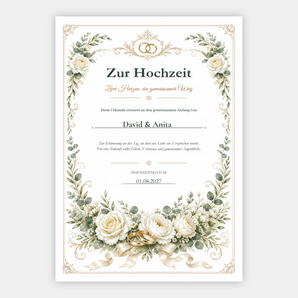 Dekorative Hochzeitsurkunde – personalisiert für das Brautpaar
