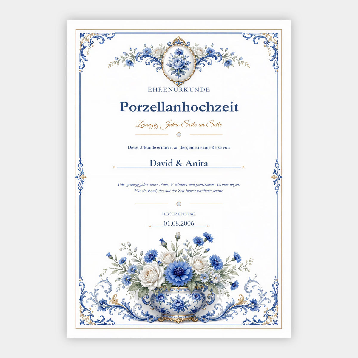 Porzellanhochzeit 20 Jahre – personalisierte Urkunde