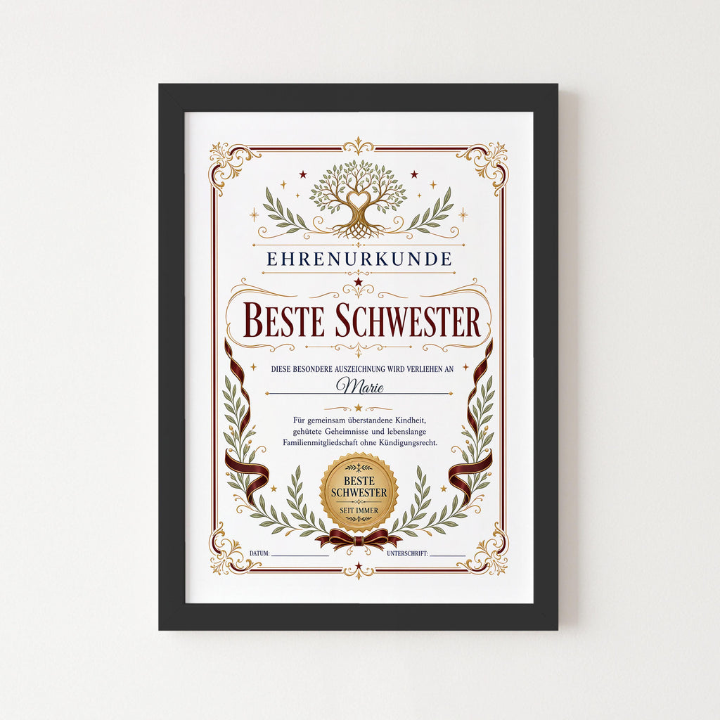 Personalisierte Urkunde „Beste Schwester“