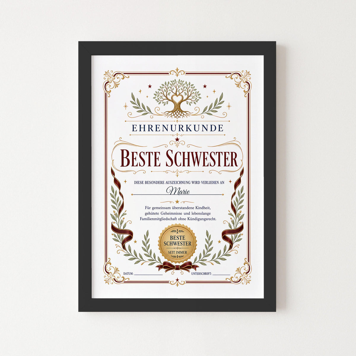 Personalisierte Urkunde „Beste Schwester“