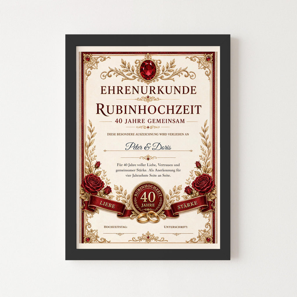 Personalisierte Urkunde „Rubinhochzeit“