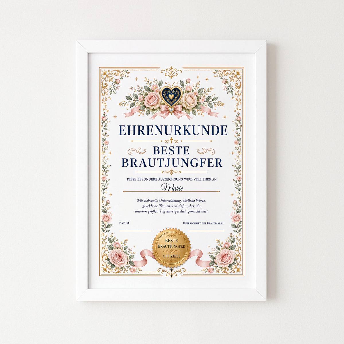 Personalisierte Urkunde „Beste Brautjungfer“