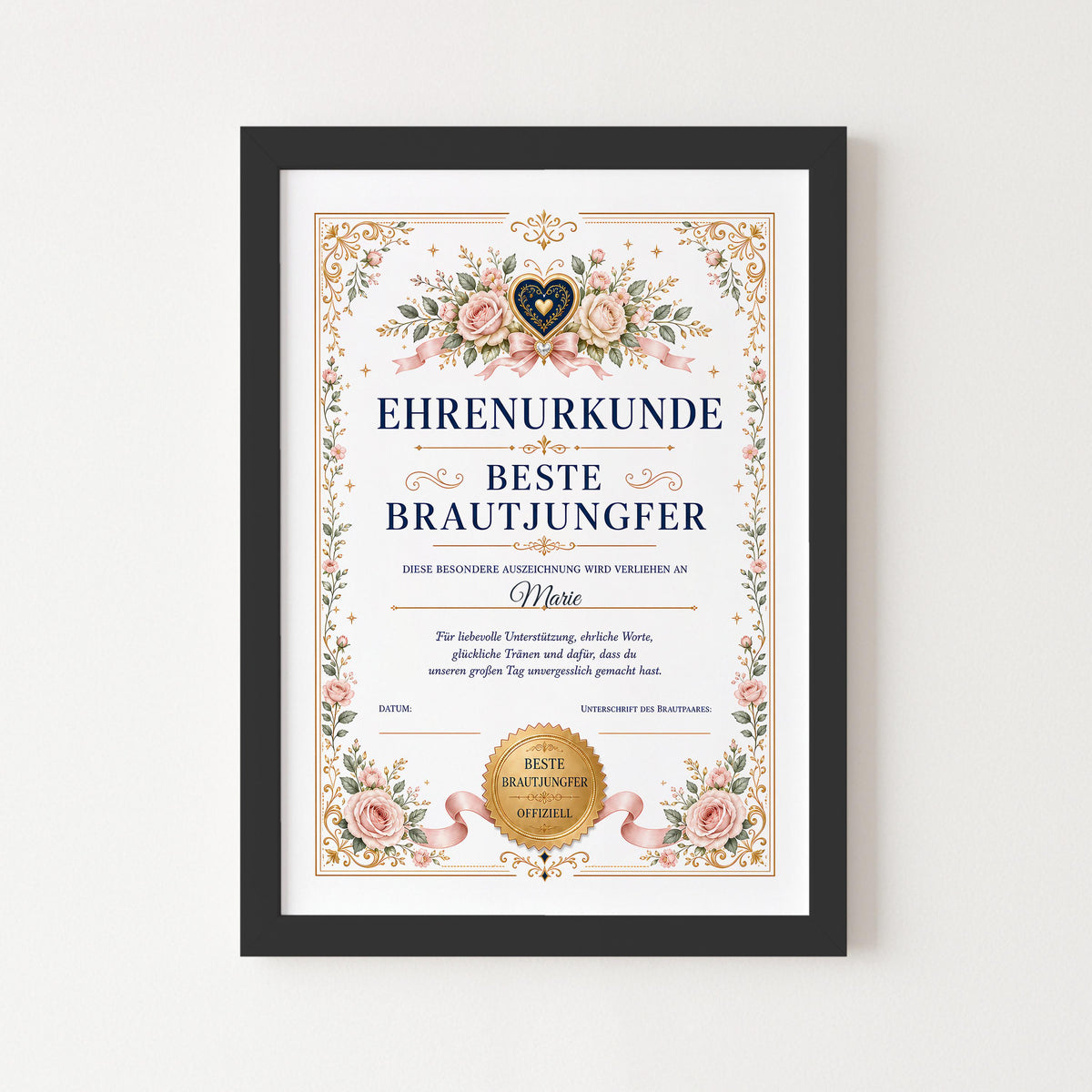 Personalisierte Urkunde „Beste Brautjungfer“