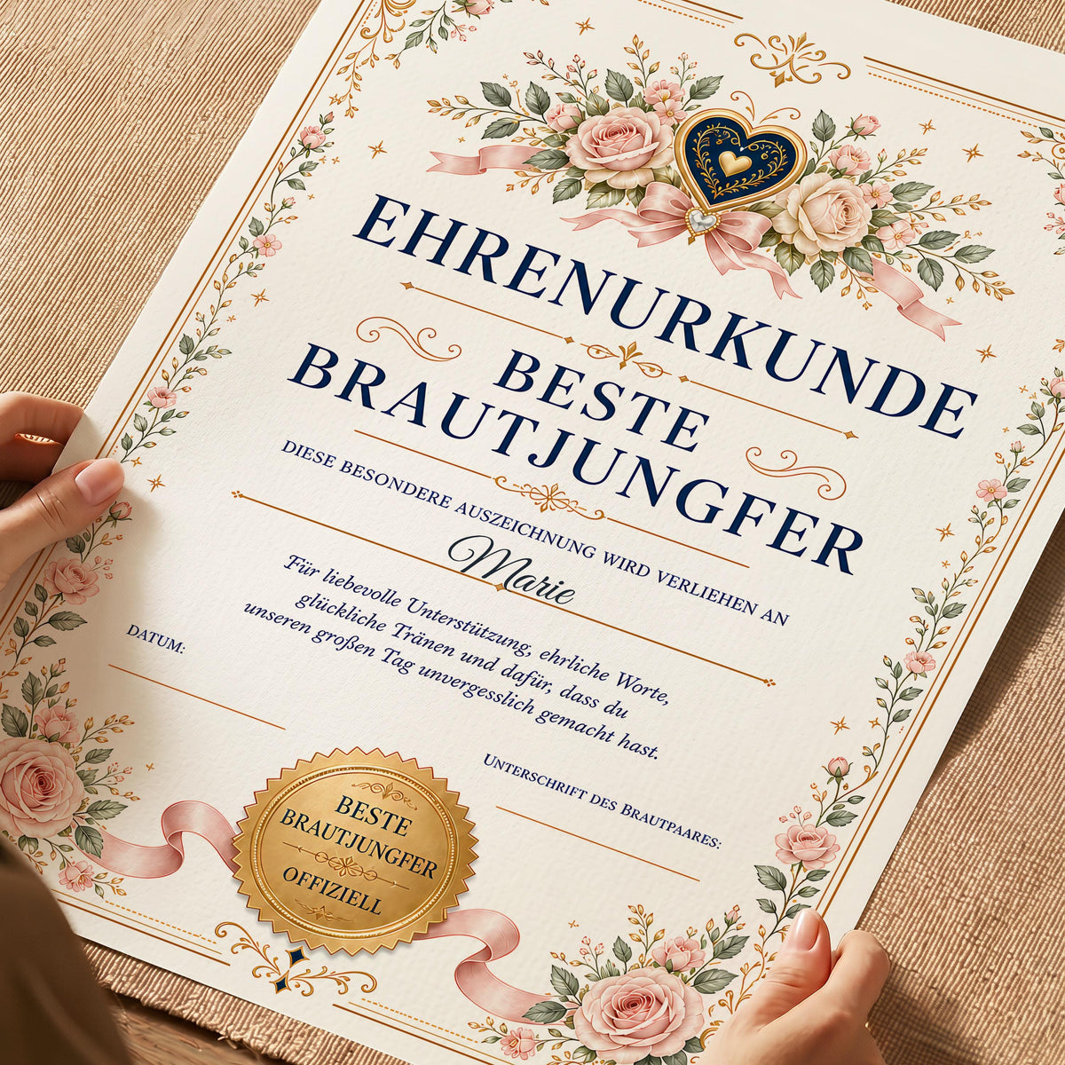 Personalisierte Urkunde „Beste Brautjungfer“