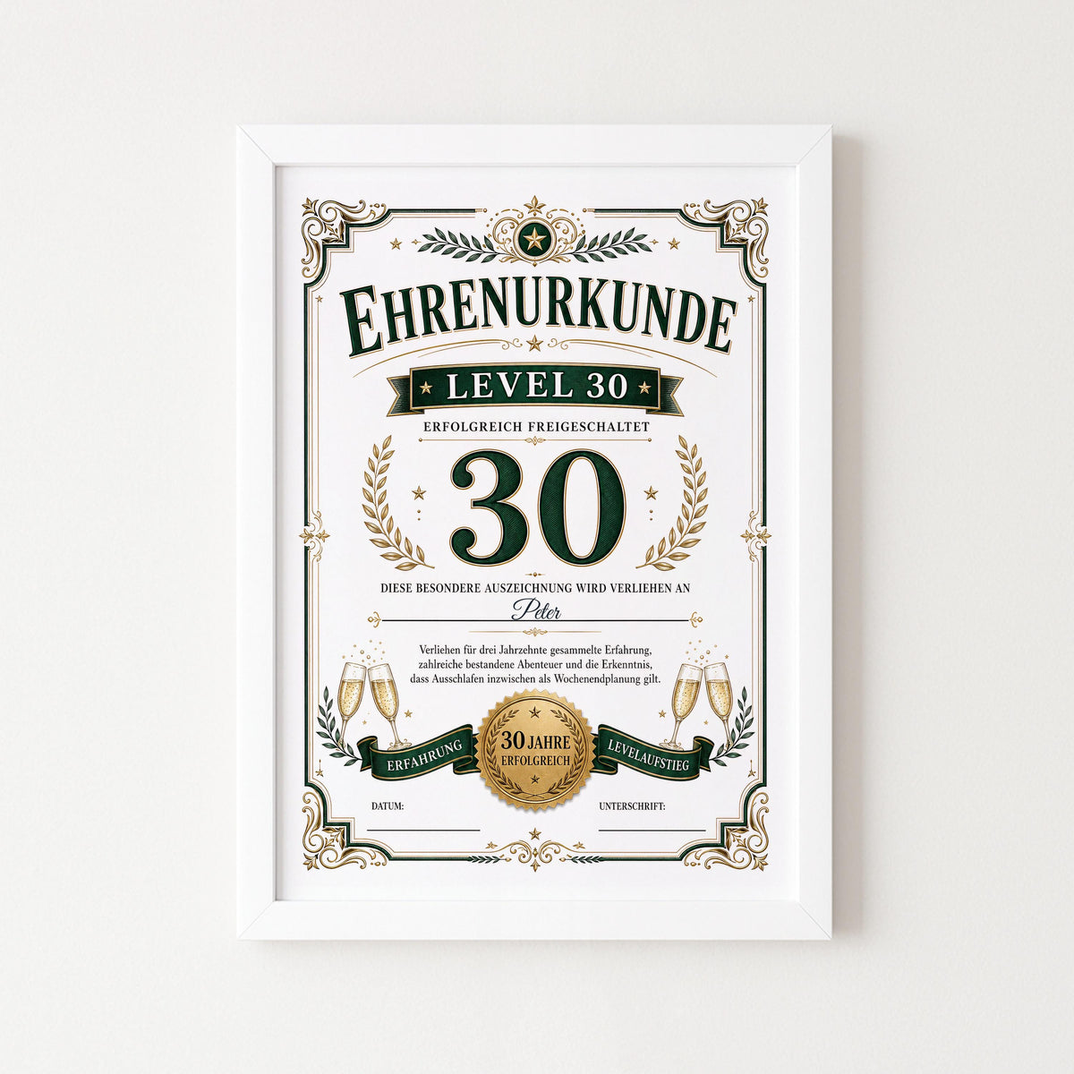Personalisierte Urkunde zum 30. Geburtstag