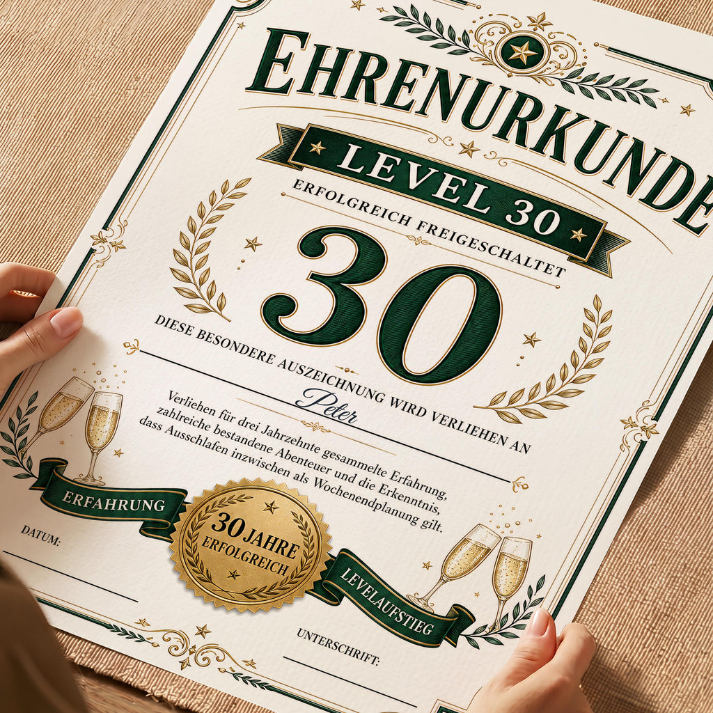 Personalisierte Urkunde zum 30. Geburtstag